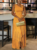 Asymmetric Fringe Sleeveless Maxi Dress