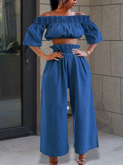 Off Shoulder Denim Top Wide Leg Pants Set