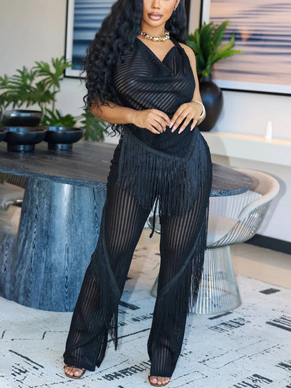 Two Piece Tassel Halter Tops Pants Sets