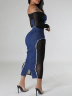 Off Shoulder Mesh Denim Skirt Set