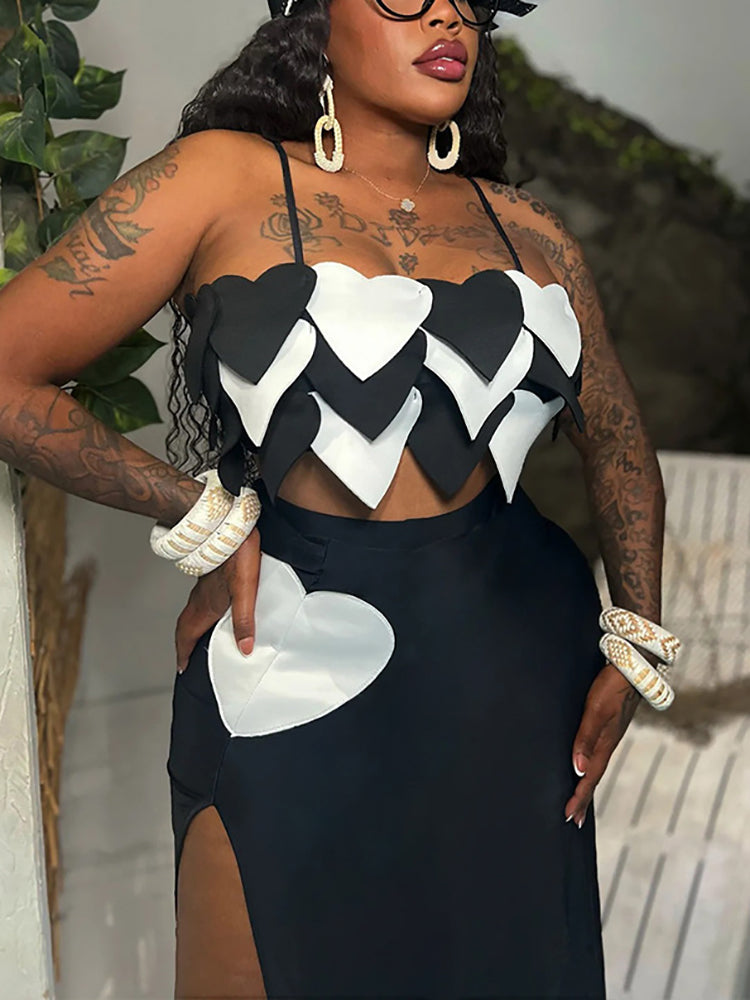 Heart Design Cami Top High Slit Skirt Set