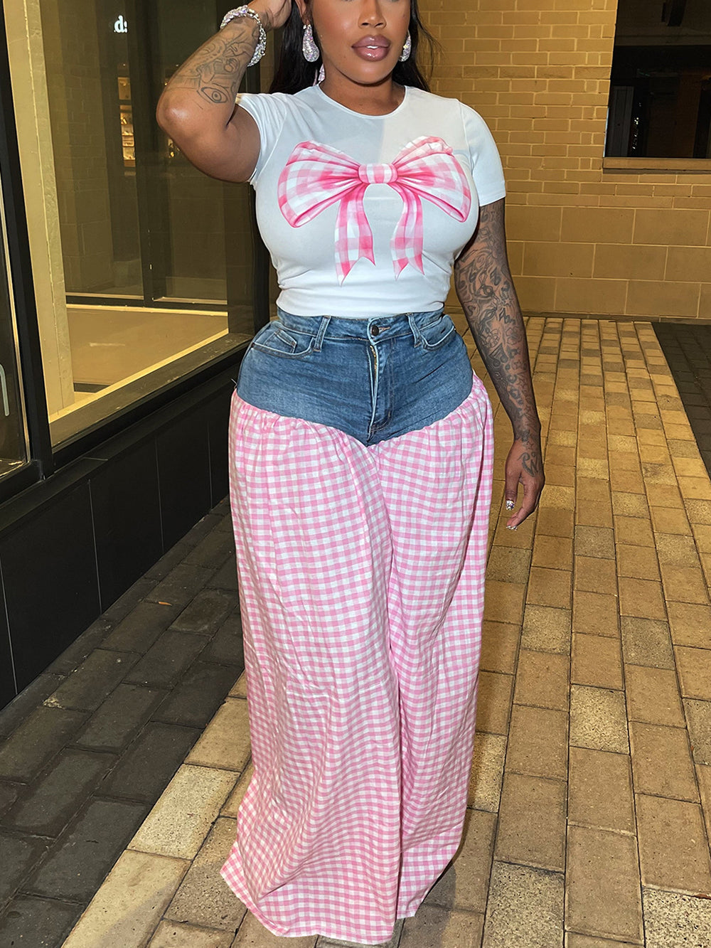 Bow Tie Print Top Denim Plaid Wide-Leg Pants Sets