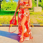 Two Piece Sleeveless Floral Crop Top Maxi Skirts