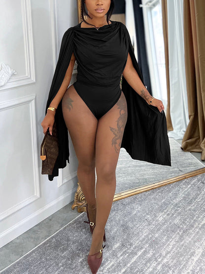 Draped Round Neck Cape Sleeve Romper