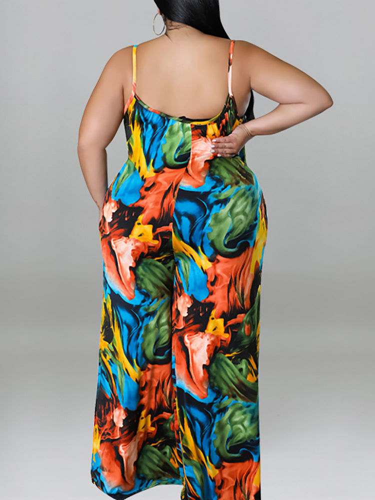 Plus Size Floral Print Strap Jumpsuit with Belt