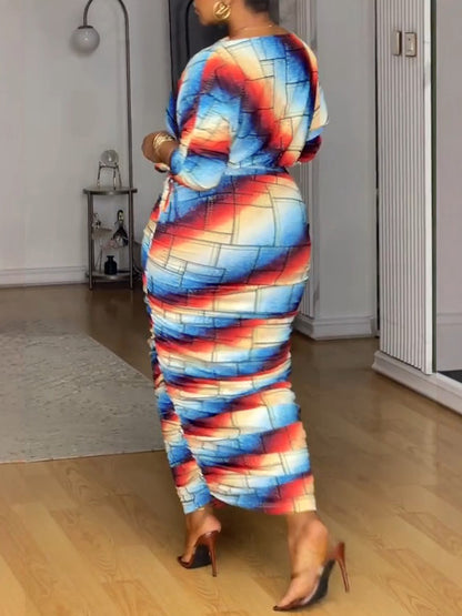 Printed Ruched Long-Sleeve Dress Set