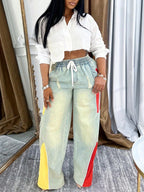 Drawstring High Waist Color Block Jeans