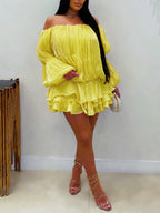 Off Shoulder Puff Sleeve Ruffle Mini Dress