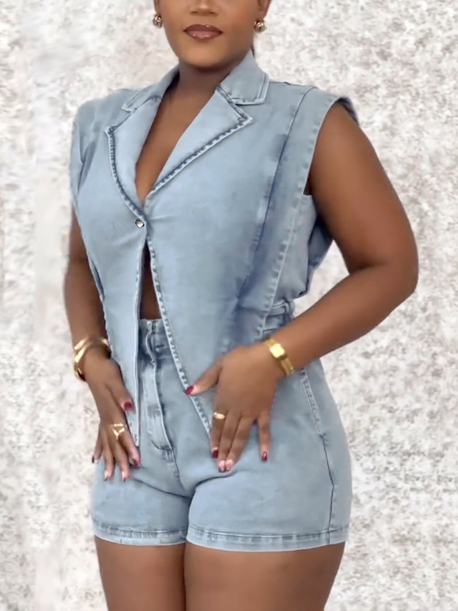 Sleeveless Elastic Waist Denim Romper