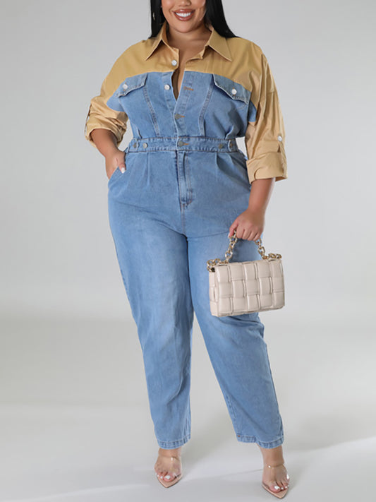 Plus Size Color Block Denim Jumpsuit