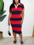 Lapel Stripe Color Block Midi Dress