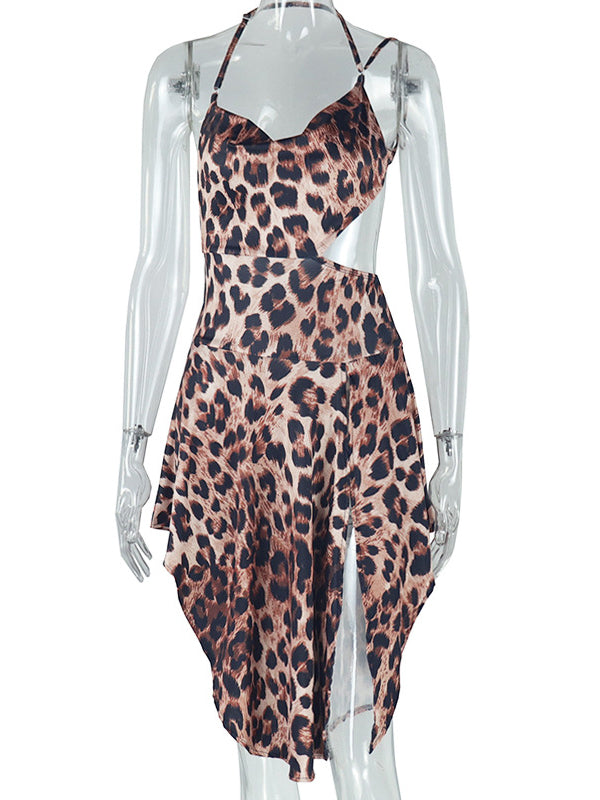 Asymmetrical Leopard Halter Neck Dress