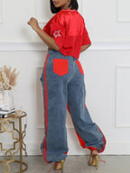 Stripe Patchwork Drawstring Denim Pants