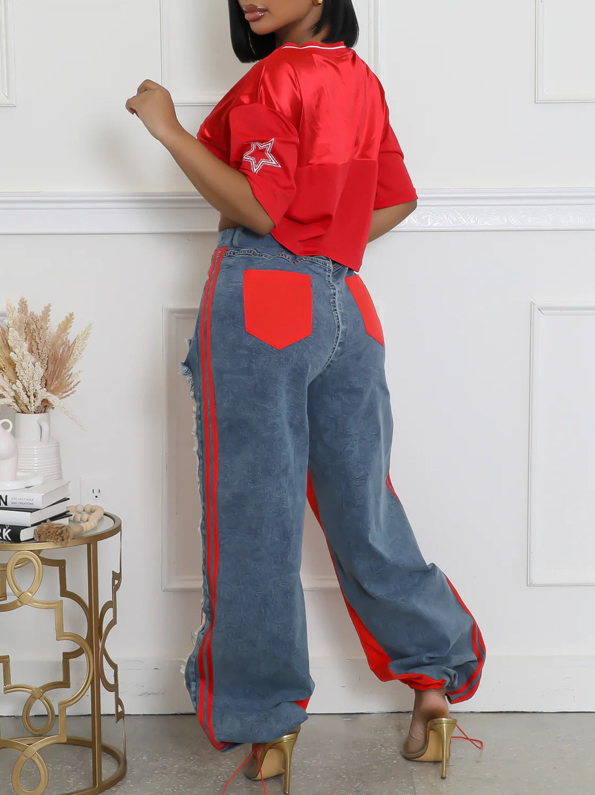 Stripe Patchwork Drawstring Denim Pants