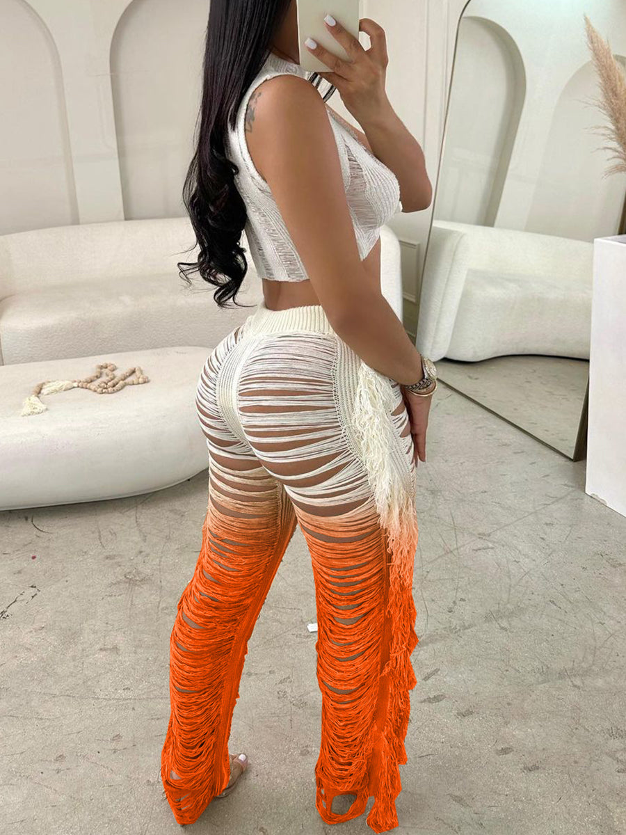 Gradient Crochet Halter Top Fringe Pants Set