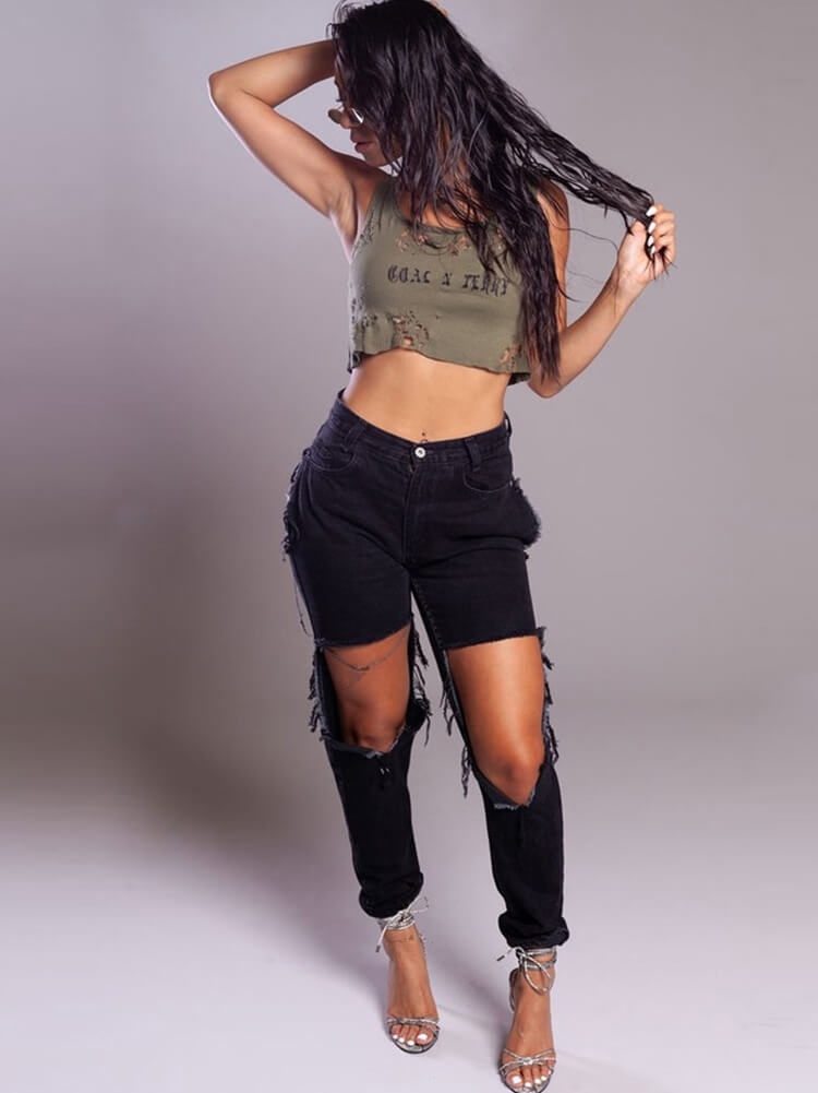 Denim High Waist Cut Out Pants