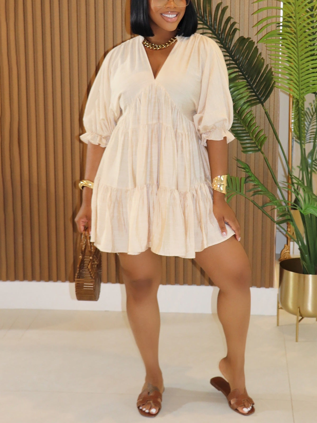 Cropped Sleeves Loose-Fit Pleated Dress