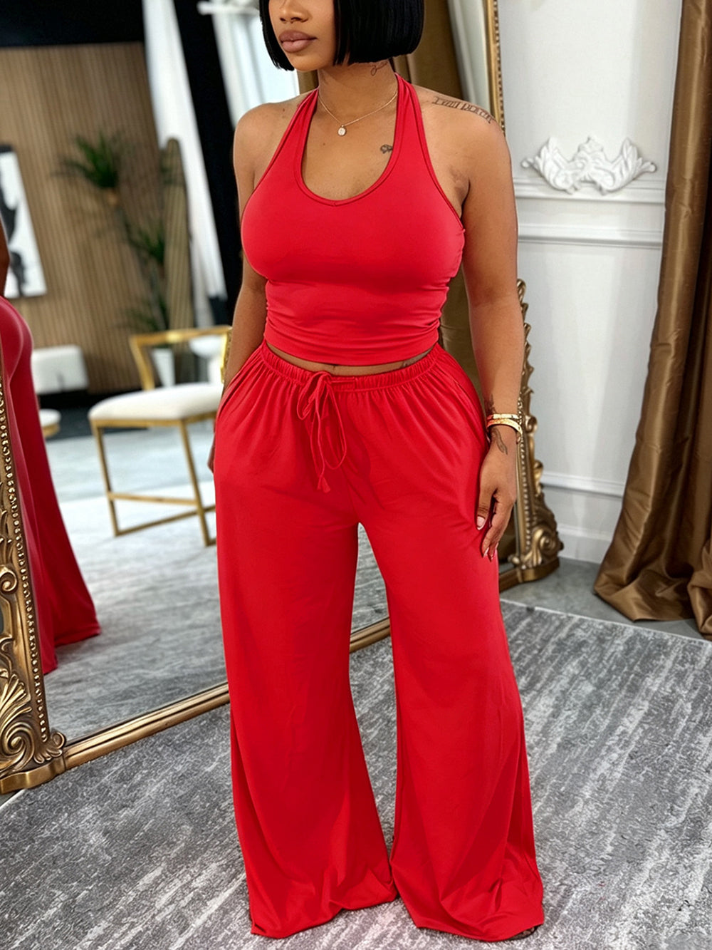 Halter Top Pocket Wide Leg Pants Set
