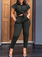 Ruffle Sleeve Top Belted Pants Set