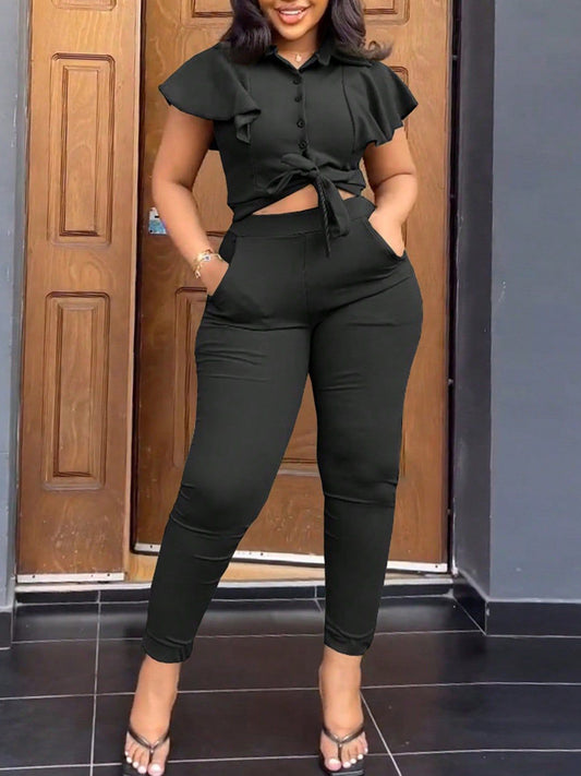 Ruffle Sleeve Top Belted Pants Set