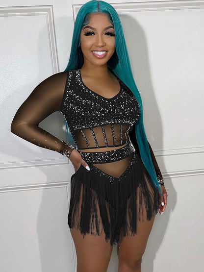 Mesh Long Sleeve Rhinestone Top Tassel Shorts