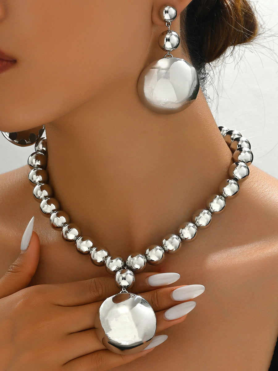 Metal Beaded Necklace Earrings Jewelry Set