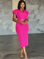 V-Neck Ruffle Sleeve Bodycon Dress