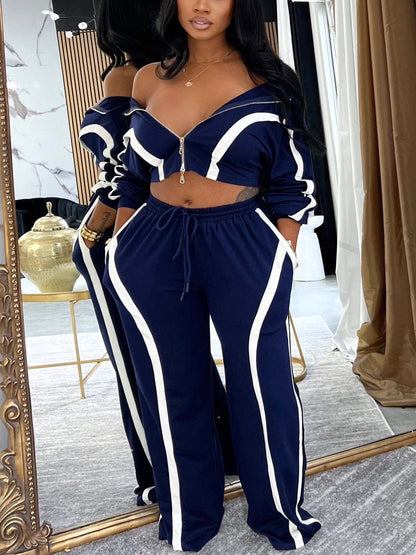 Color Block Stripe Zip Top Pants Set