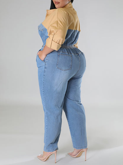 Plus Size Color Block Denim Jumpsuit