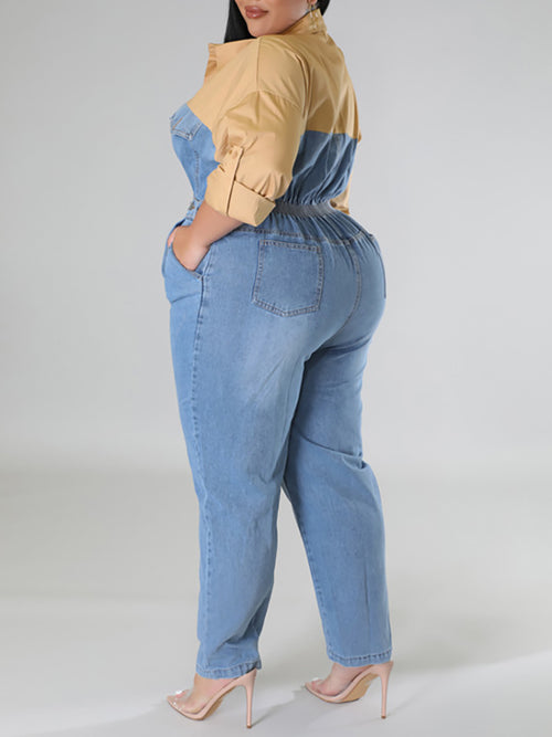 Plus Size Color Block Denim Jumpsuit
