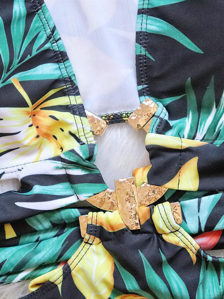 Trajes de baño con estampado de hojas sin espalda sin mangas