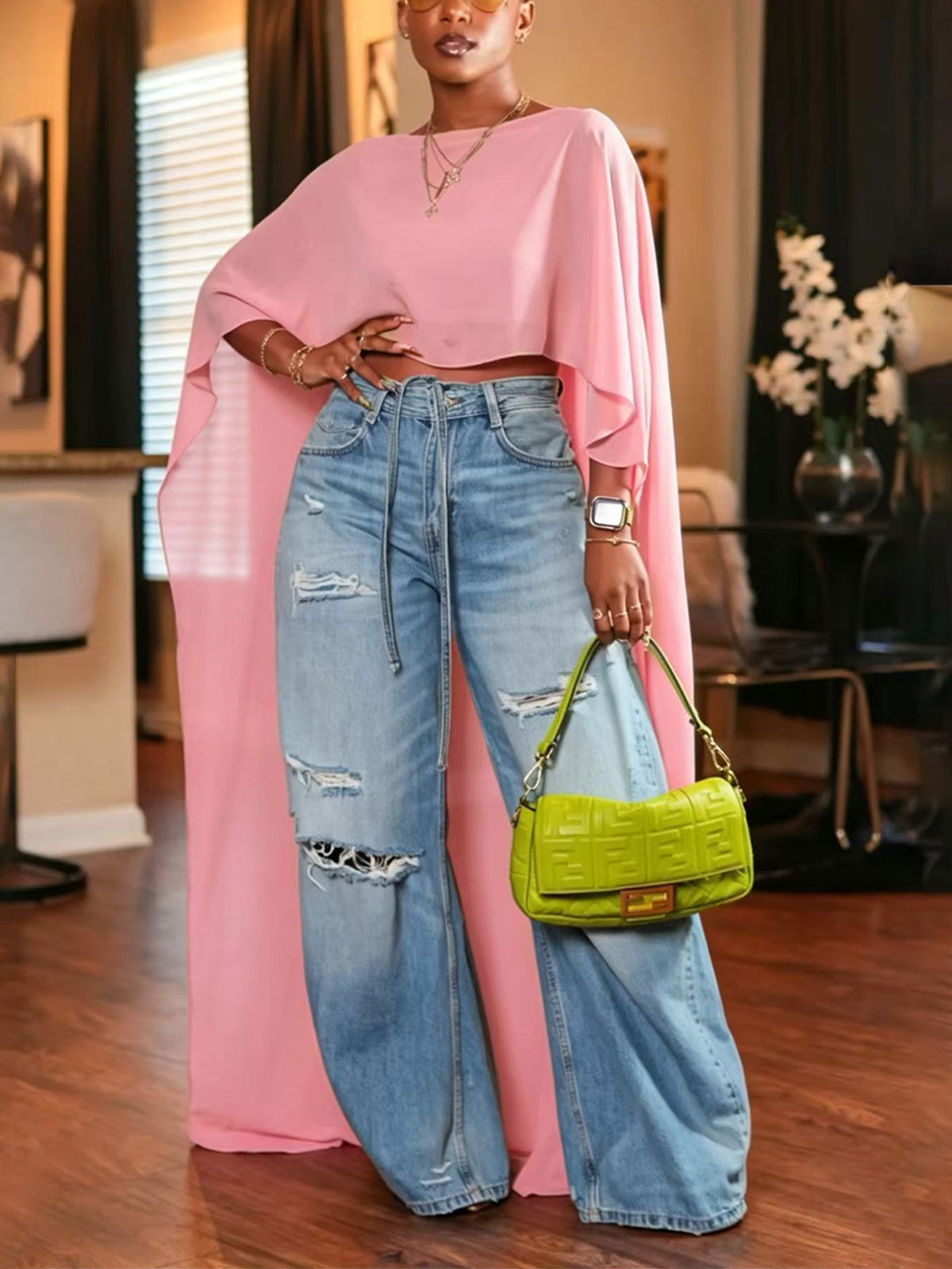 Mesh Batwing Sleeve Cloak Top
