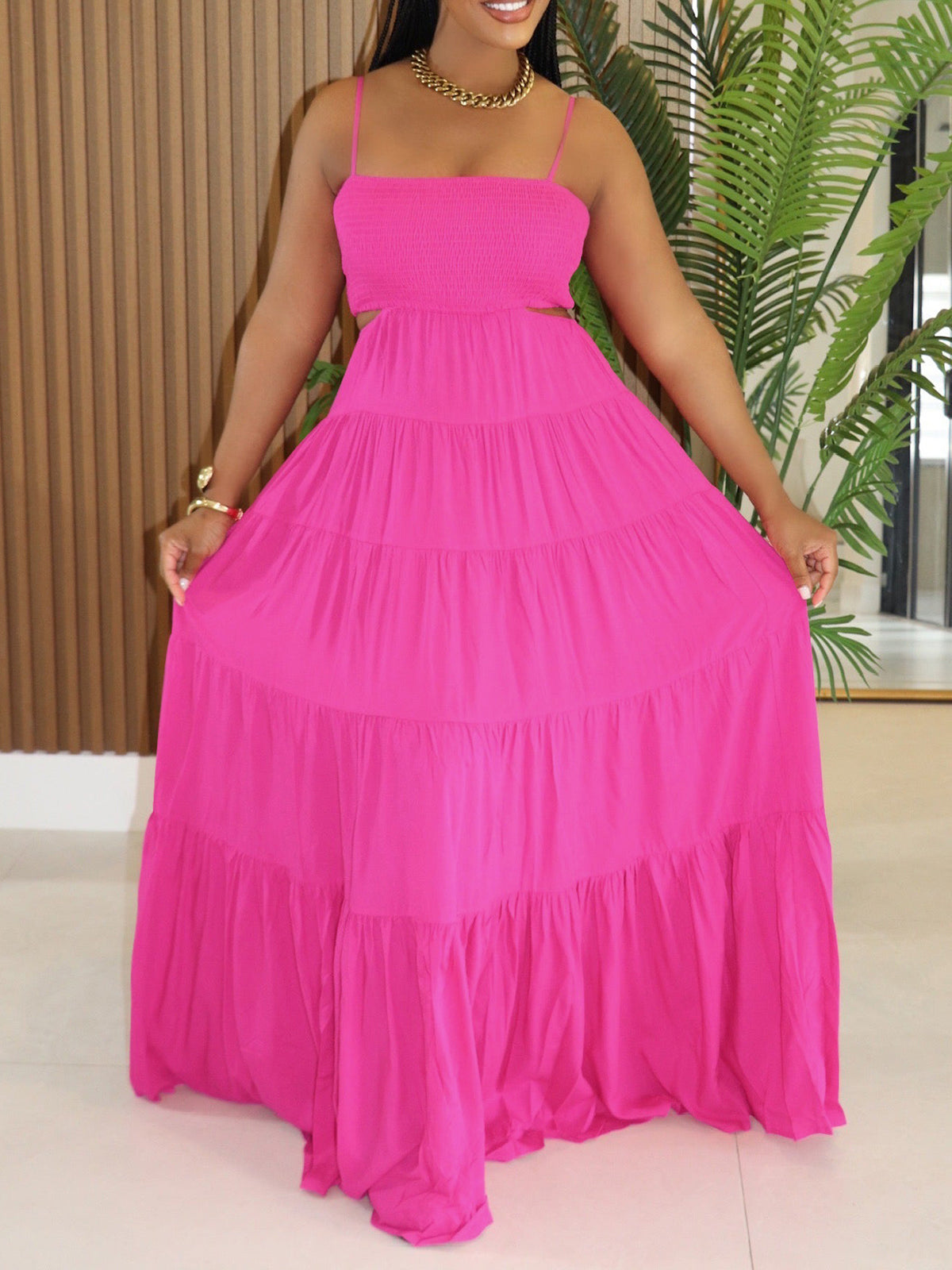 Cutout Smocked Cami Tiered Maxi Dress