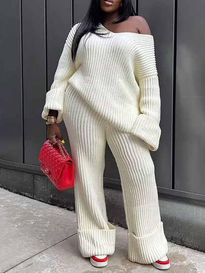 Loose Knit Top Wide Leg Pants Set