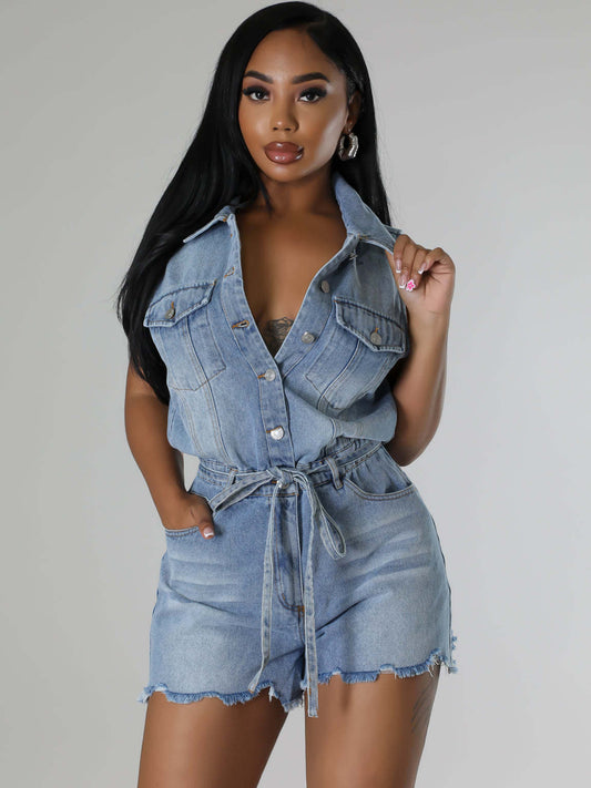 Sleeveless Denim Ripped Hem Short Jumpsuit
