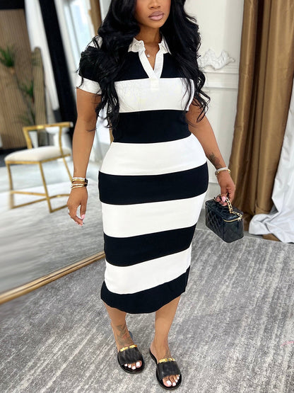 Lapel Stripe Color Block Midi Dress