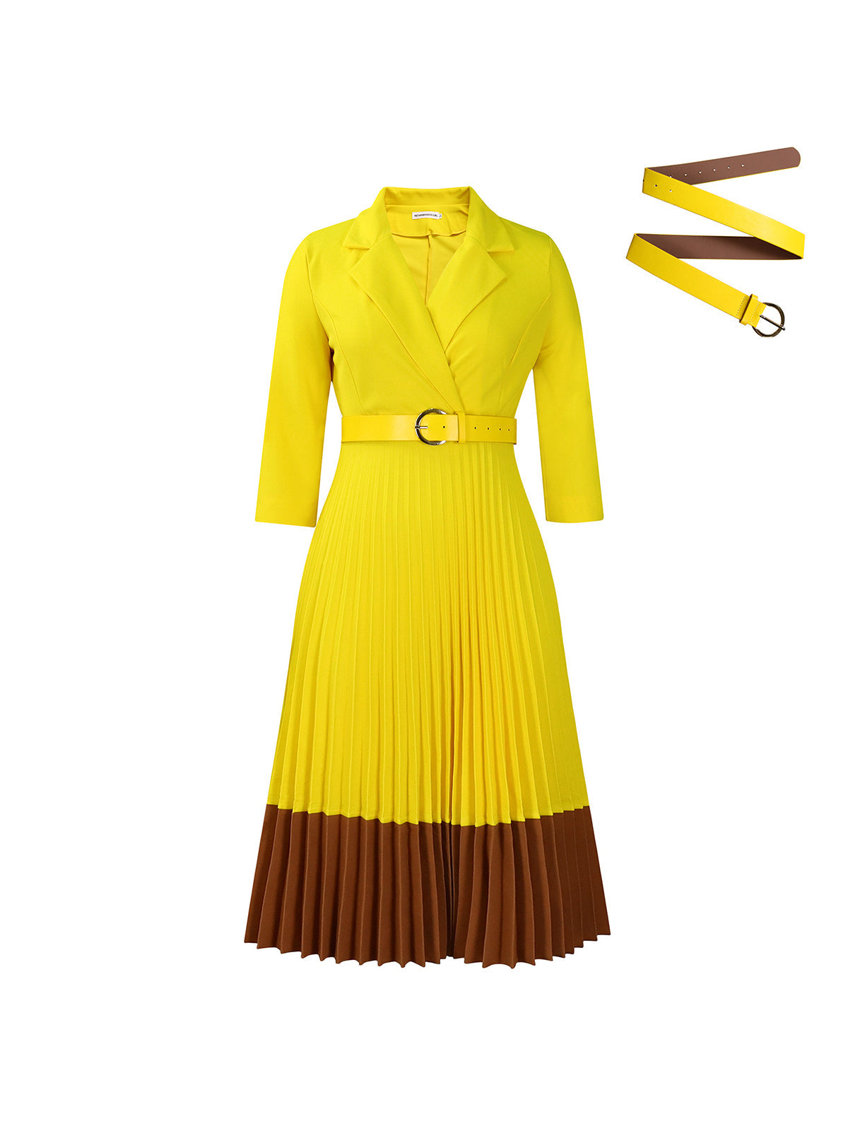 Belted Color-Block Pleated Blazer Midi Dress
