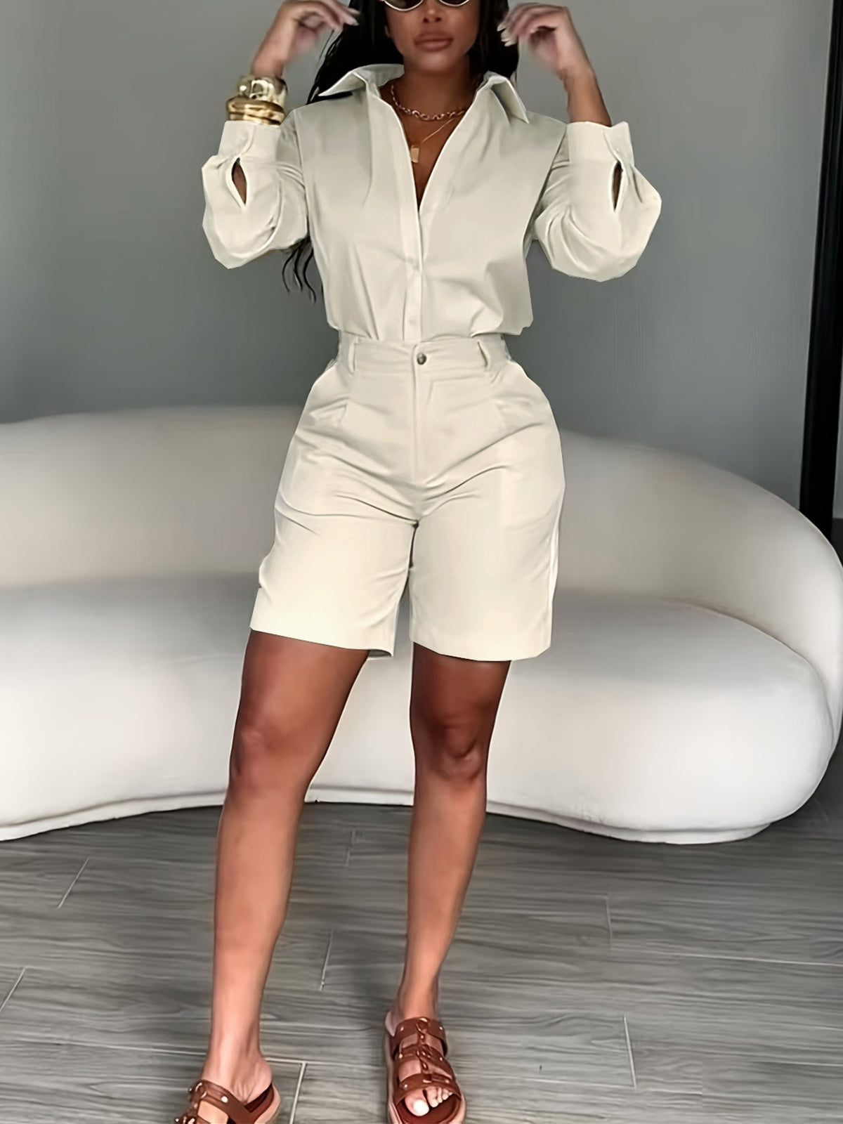 Lapel Shirt Shorts Sets