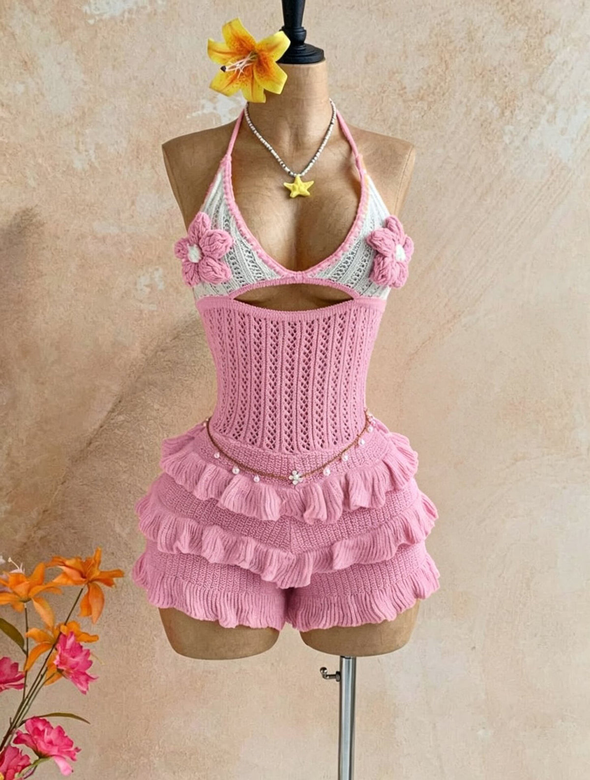 Crochet Flower Halter Backless Romper
