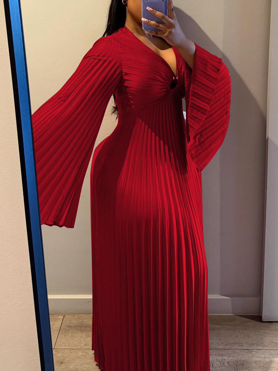 Chiffon V-Neck Pleated Maxi Dress