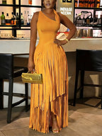 Asymmetric Fringe Sleeveless Maxi Dress