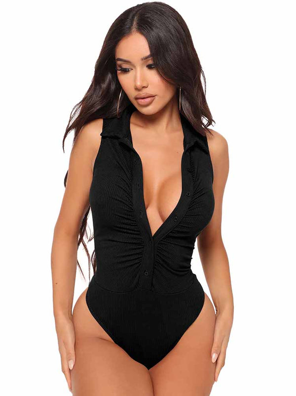 Ribbed Sleeveless Lapel Button Rompers
