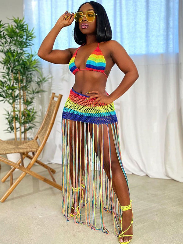 Two Piece Rainbow Tassels Skirt Swimsuits