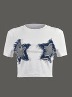 Patchwork Star Cropped Round Neck T-Shirt