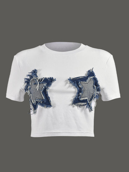 Patchwork Star Cropped Round Neck T-Shirt