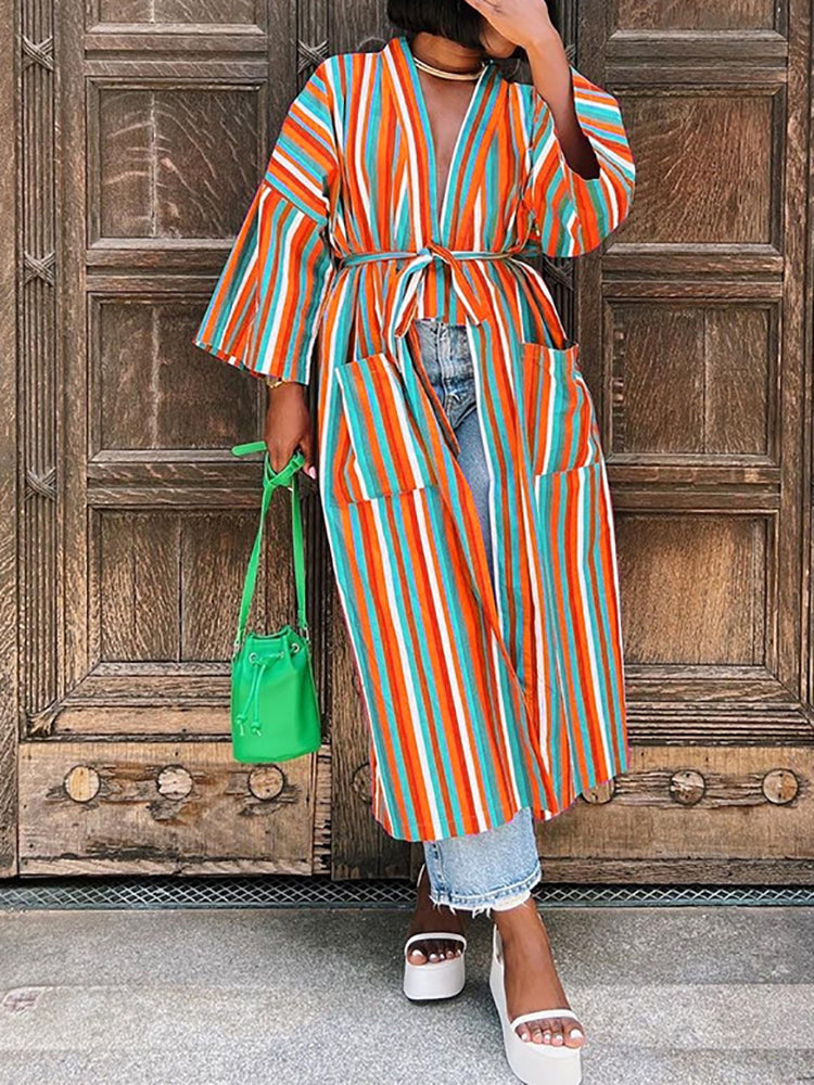 Stripe Belted Pocket Cardigan