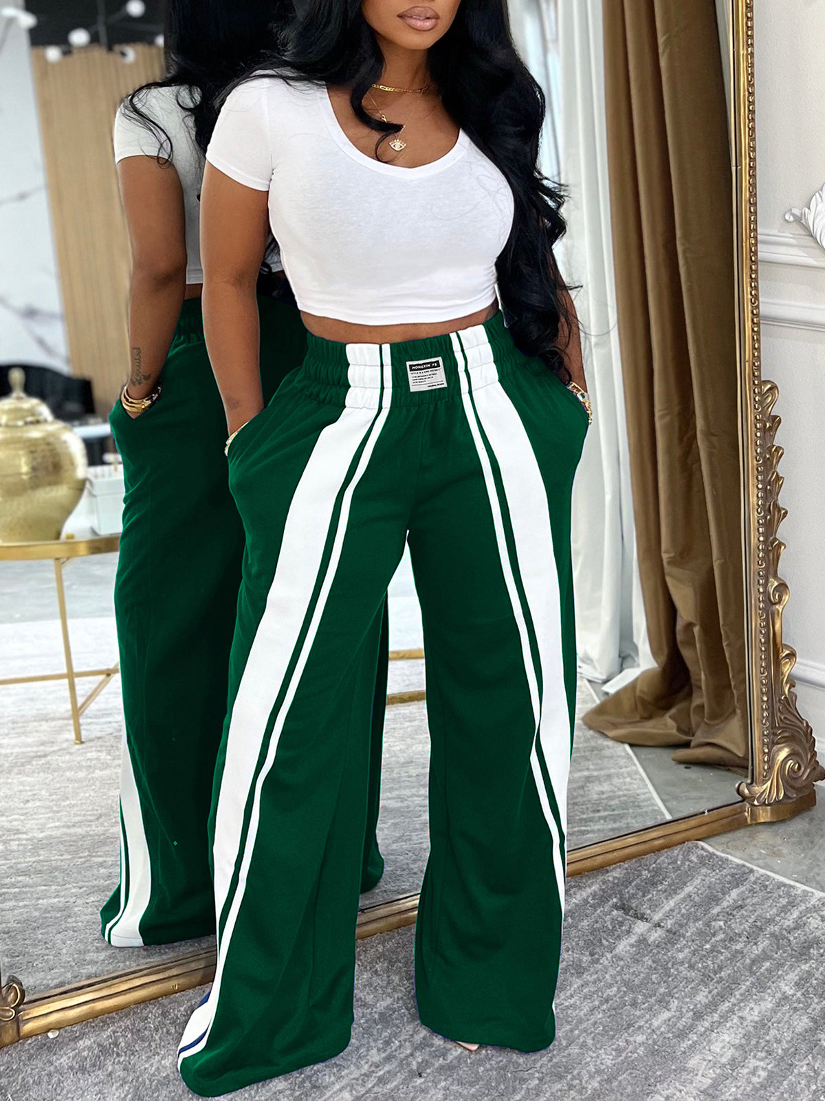 Wide Stripe Elastic Waist Wide Leg Pants