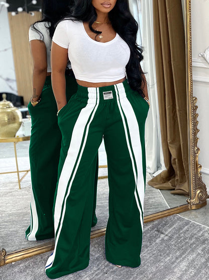 Wide Stripe Elastic Waist Wide Leg Pants