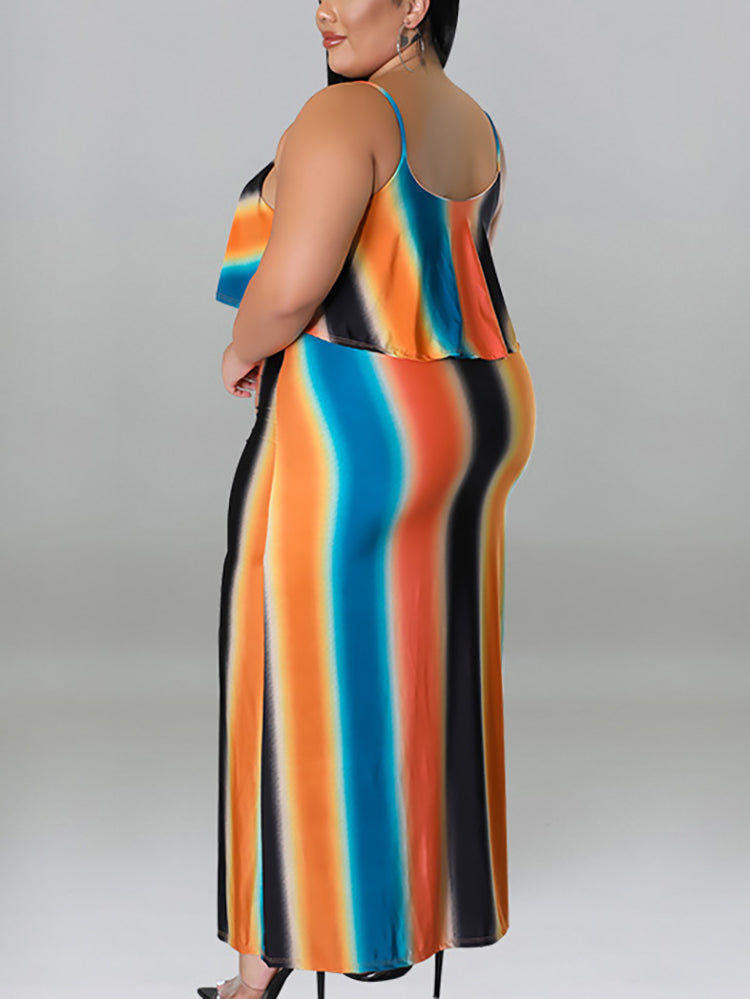 Plus Size Ruffle Strap Rainbow Stripe Print Dress