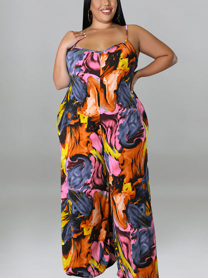 Plus Size Floral Print Strap Jumpsuit with Belt